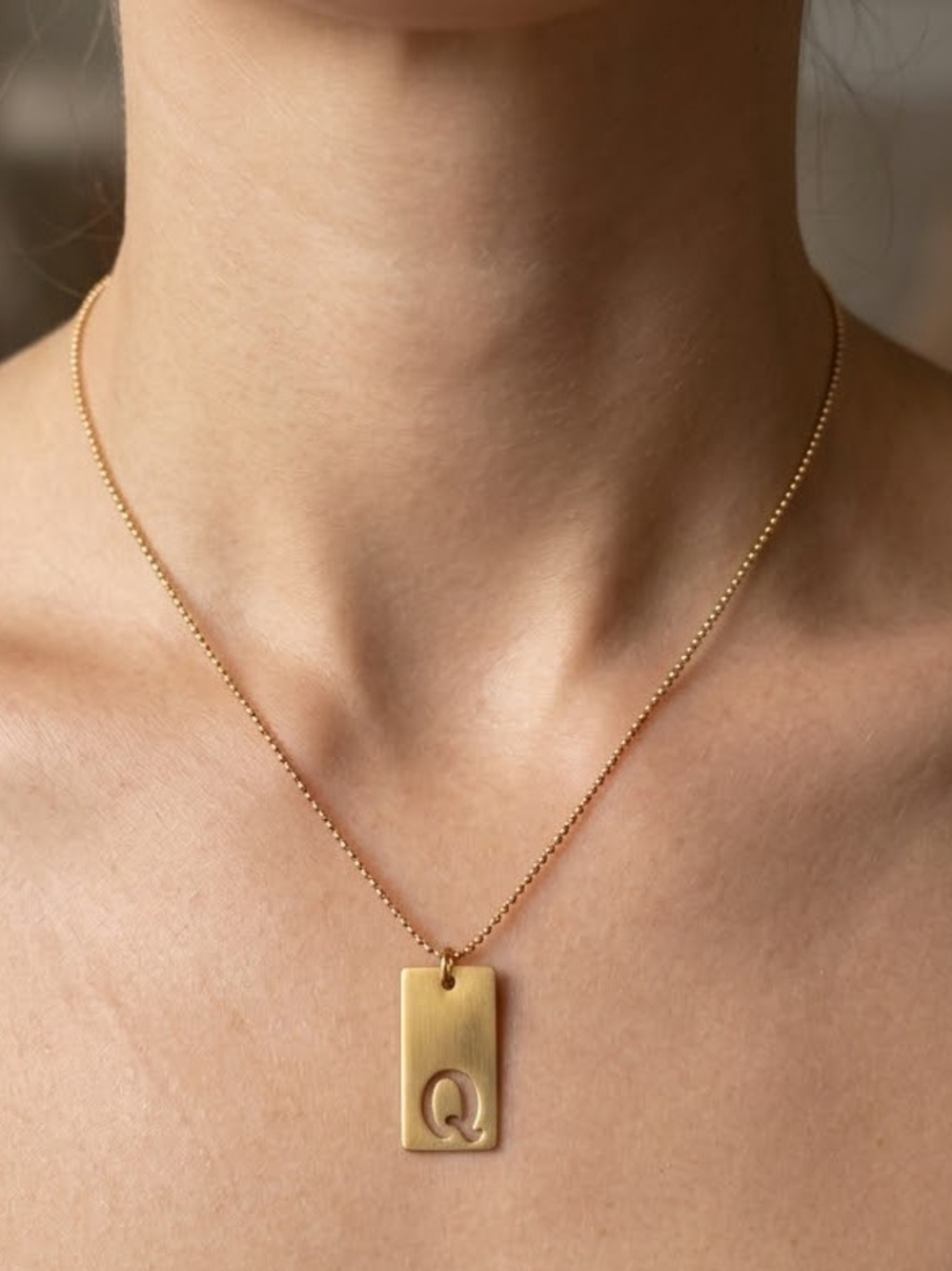 Gold Cutout Initial Q Plate Pendant Necklace | Minimalist Layering Chain